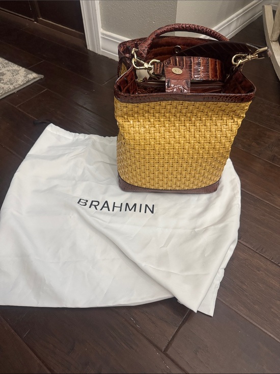 Brahmin Handbags - Brahmin Yellow Woven Bucket Bag with Brown Croc Trim